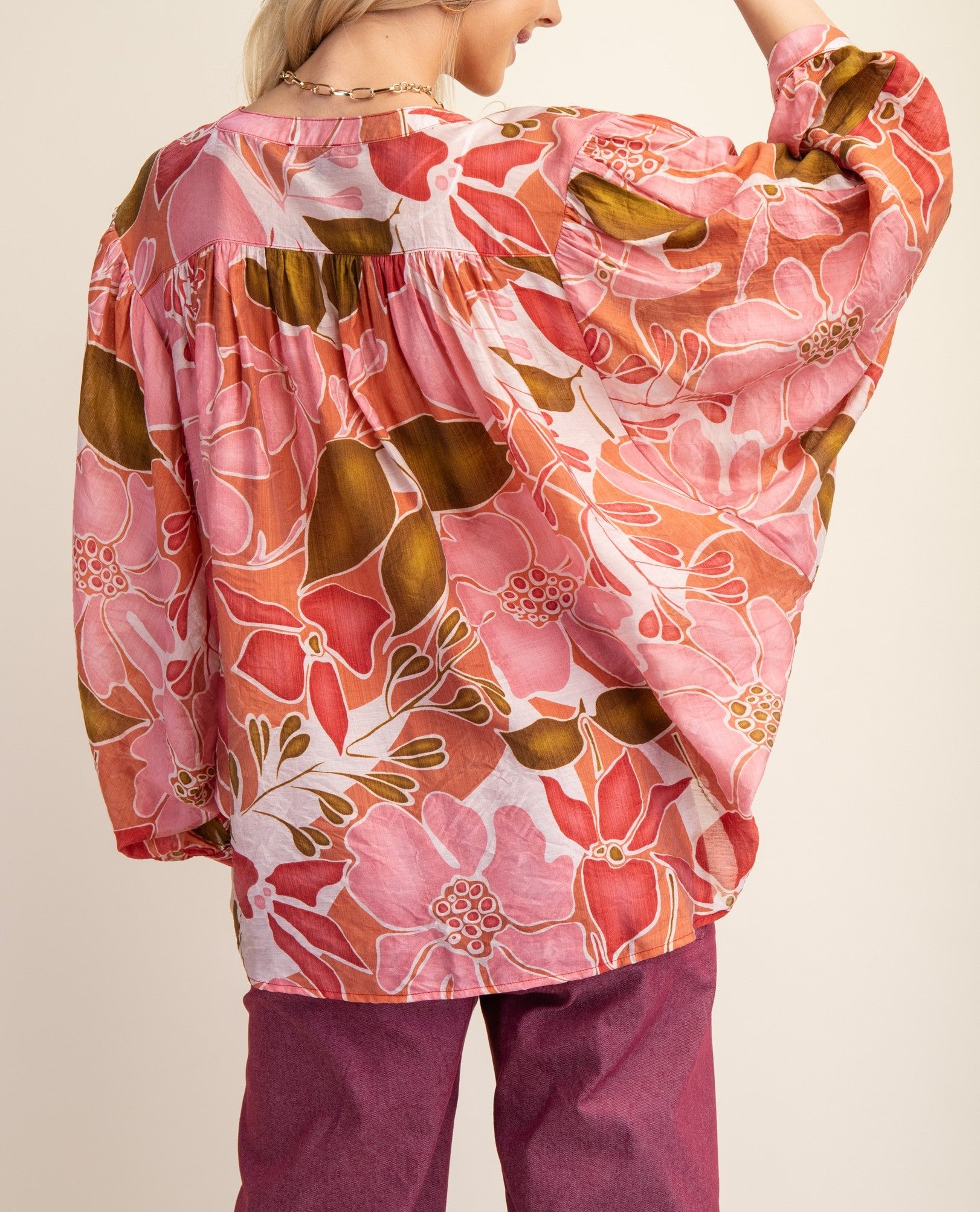 CORAL FLORAL PRINT BATWING LONG SLEEVE BLOUSE