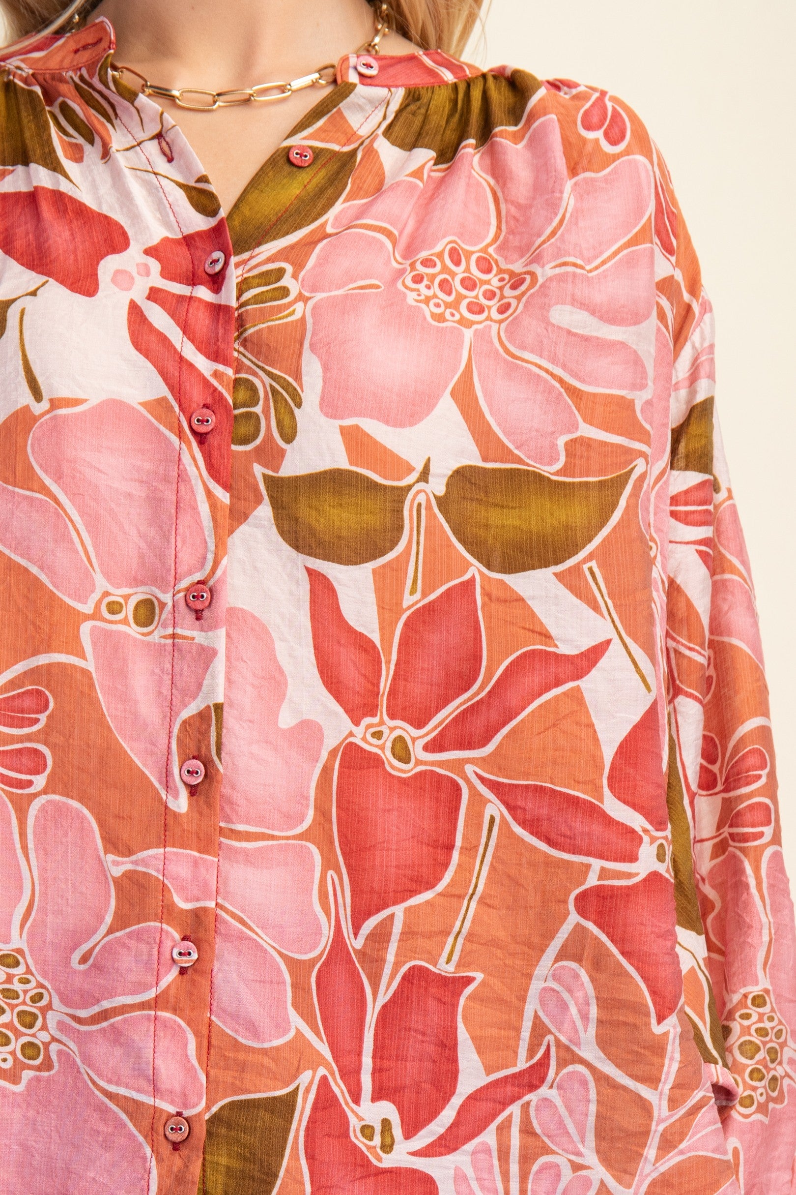 CORAL FLORAL PRINT BATWING LONG SLEEVE BLOUSE