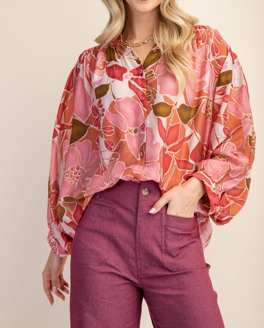 CORAL FLORAL PRINT BATWING LONG SLEEVE BLOUSE