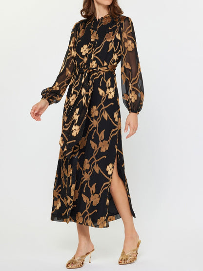 BLACK GOLD FLORAL JACQUARD SHEER LONG SLEEVE TIE WAIST BUTTON UP MIDI DRESS
