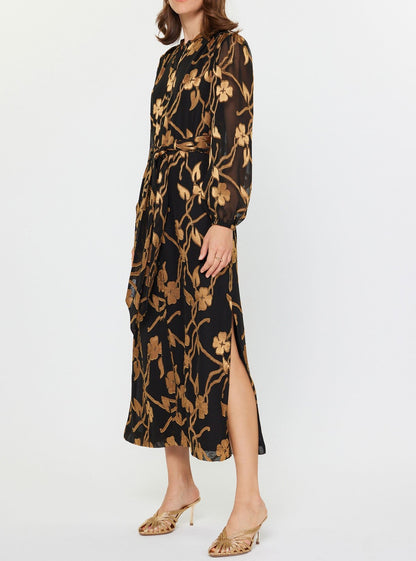 BLACK GOLD FLORAL JACQUARD SHEER LONG SLEEVE TIE WAIST BUTTON UP MIDI DRESS