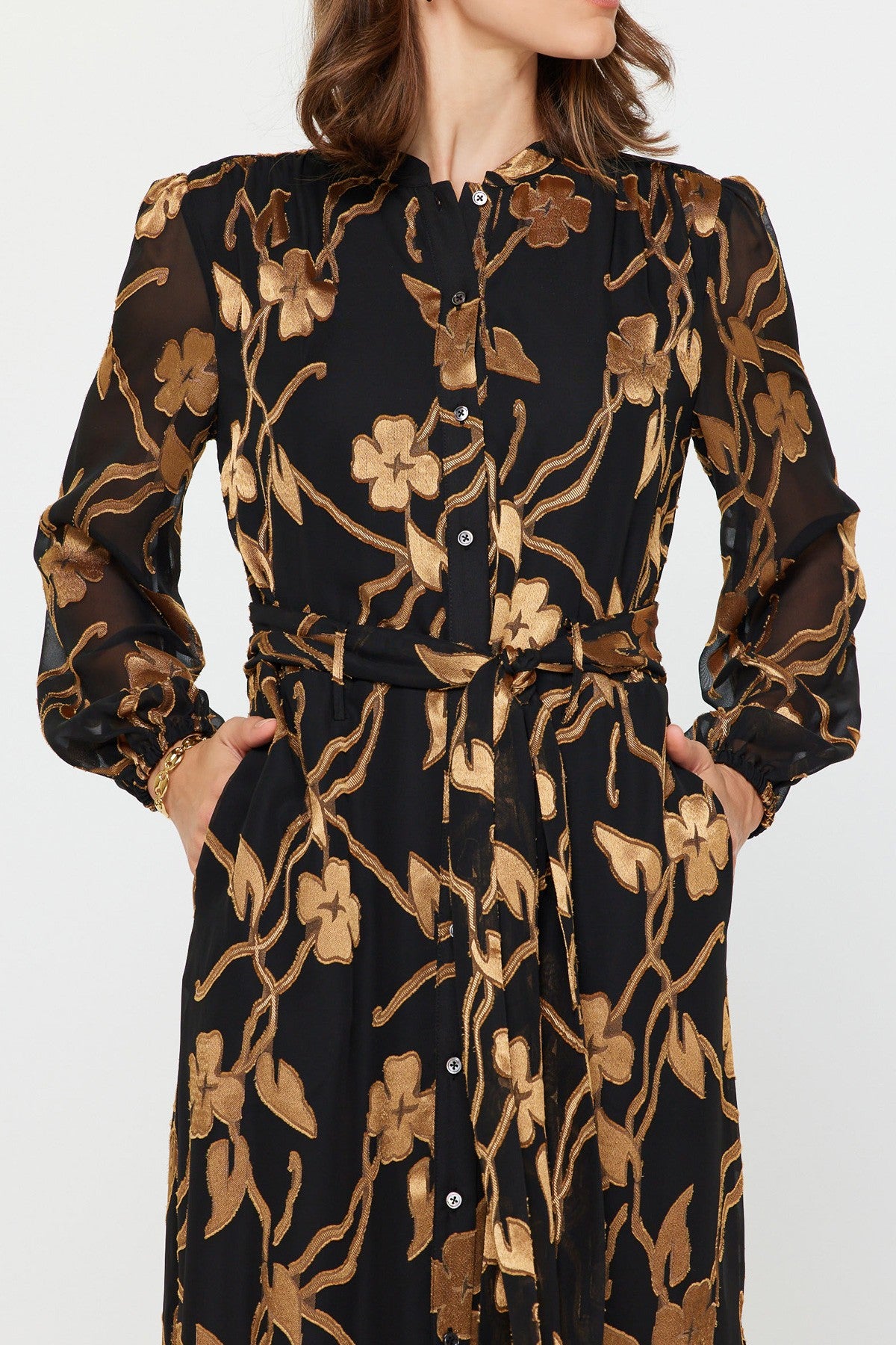 BLACK GOLD FLORAL JACQUARD SHEER LONG SLEEVE TIE WAIST BUTTON UP MIDI DRESS