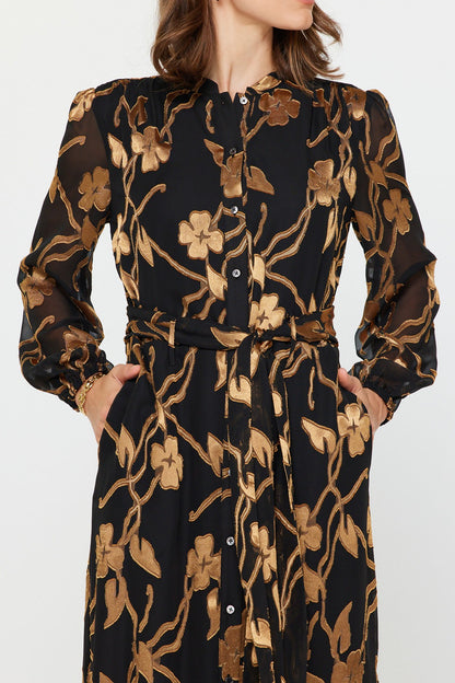 BLACK GOLD FLORAL JACQUARD SHEER LONG SLEEVE TIE WAIST BUTTON UP MIDI DRESS