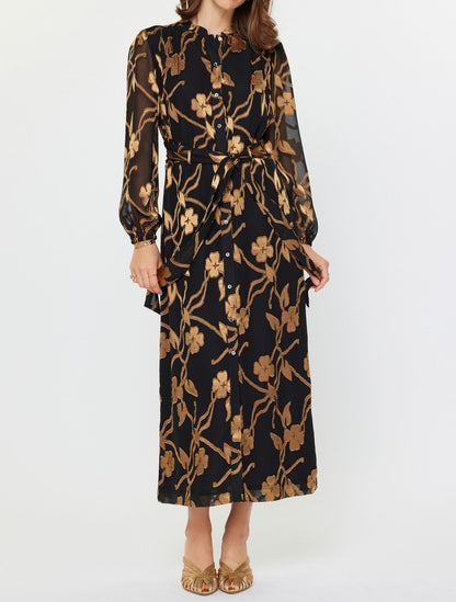 BLACK GOLD FLORAL JACQUARD SHEER LONG SLEEVE TIE WAIST BUTTON UP MIDI DRESS
