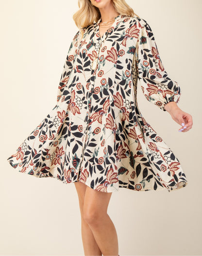 BURGUNDY MIX FLORAL PRINT 3/4 SLEEVE MINI SHIRT DRESS