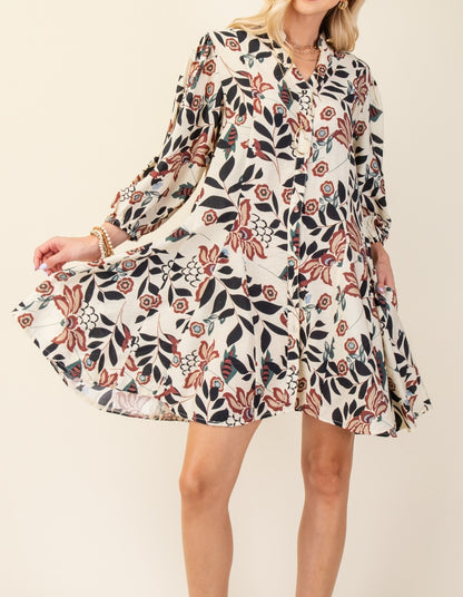 BURGUNDY MIX FLORAL PRINT 3/4 SLEEVE MINI SHIRT DRESS