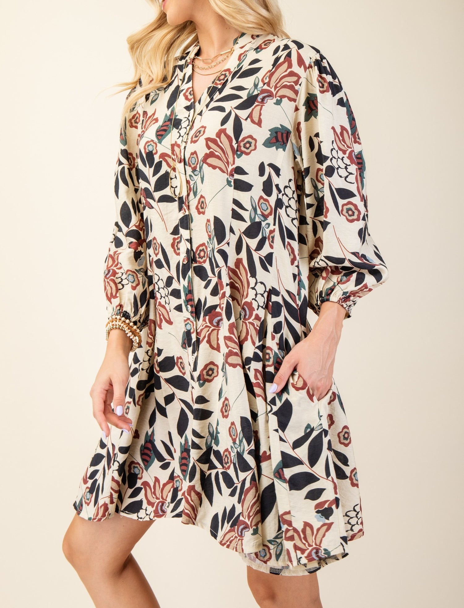BURGUNDY MIX FLORAL PRINT 3/4 SLEEVE MINI SHIRT DRESS