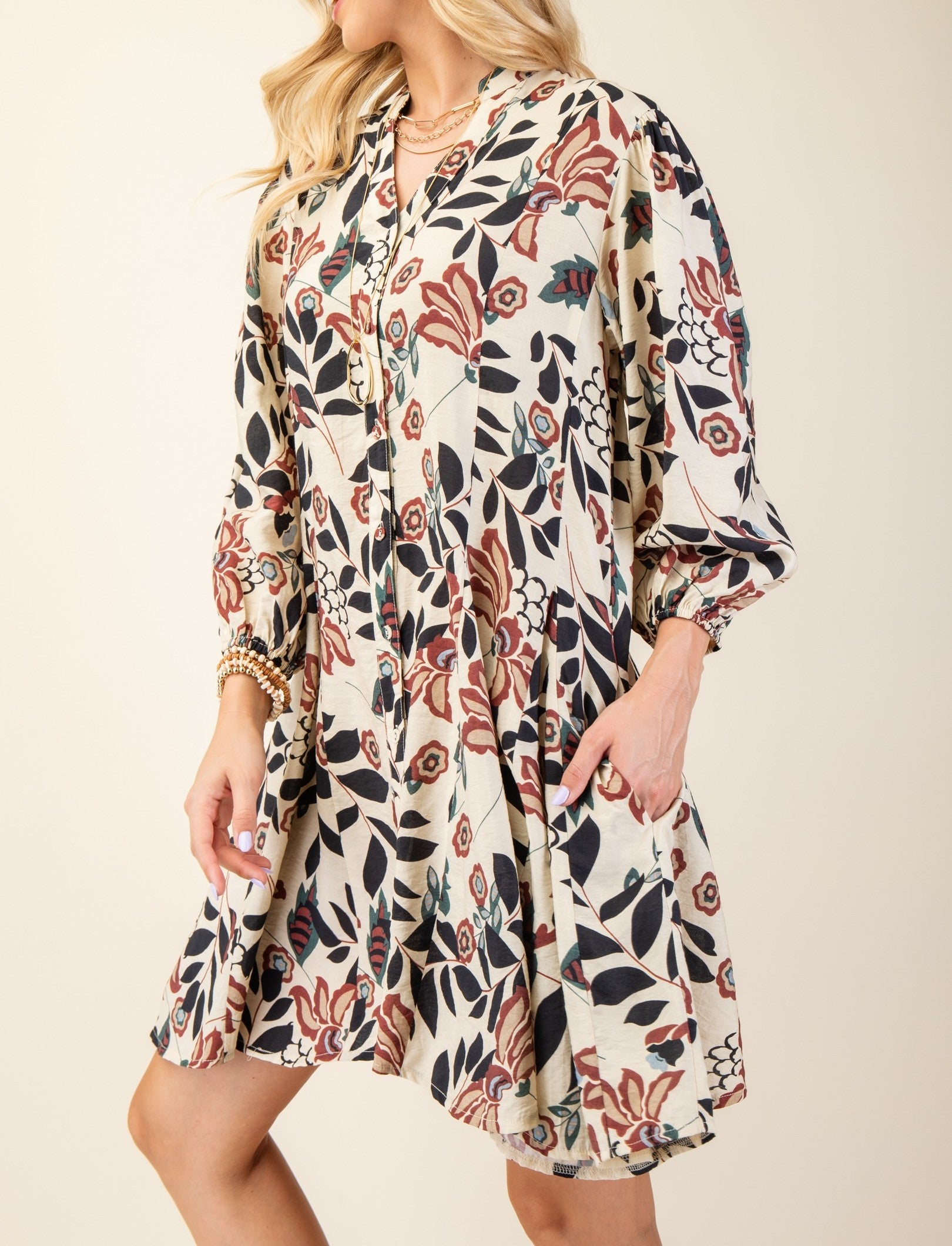 BURGUNDY MIX FLORAL PRINT 3/4 SLEEVE MINI SHIRT DRESS