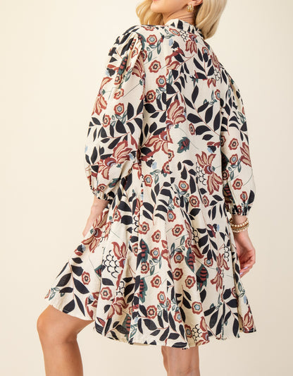 BURGUNDY MIX FLORAL PRINT 3/4 SLEEVE MINI SHIRT DRESS