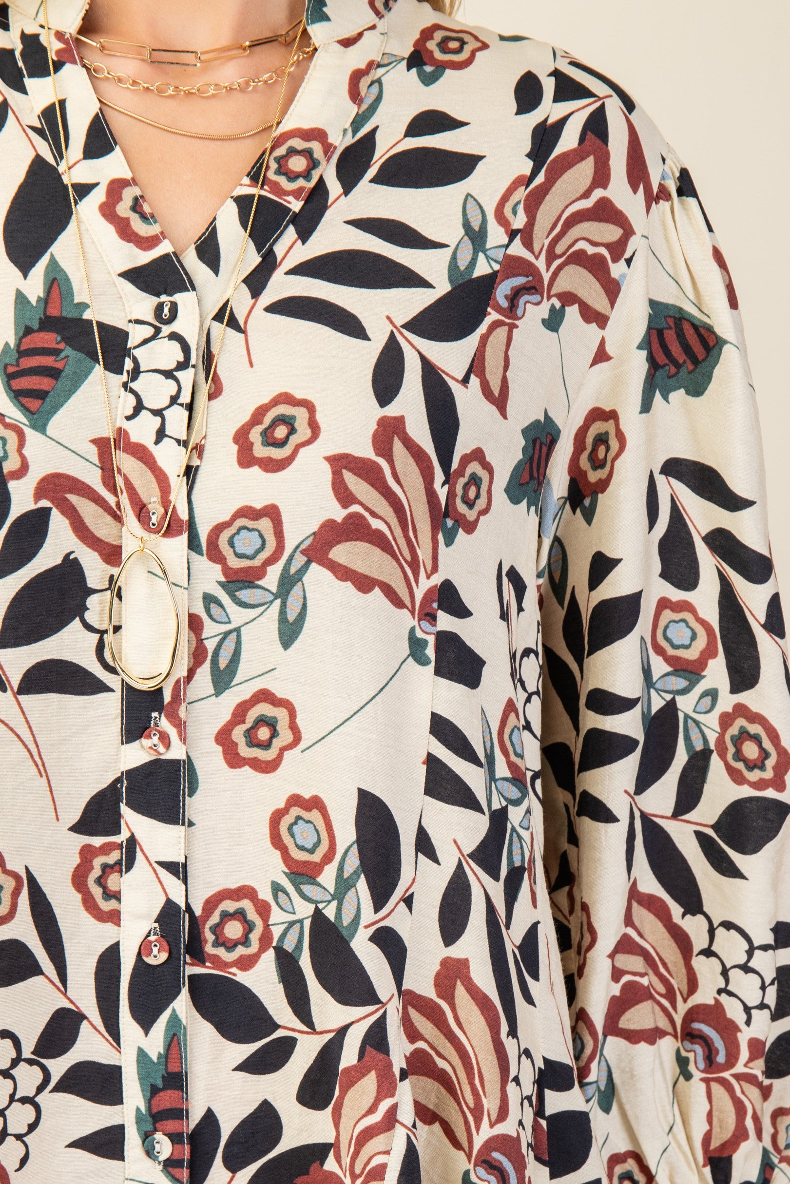 BURGUNDY MIX FLORAL PRINT 3/4 SLEEVE MINI SHIRT DRESS