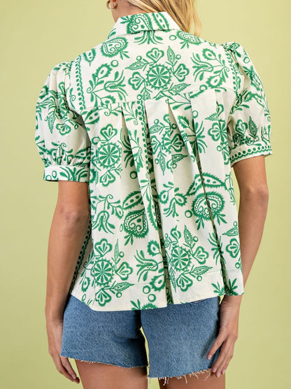 GREEN PRINTED SHORT PUFF SLEEVE BUTTON UP BLOUSE