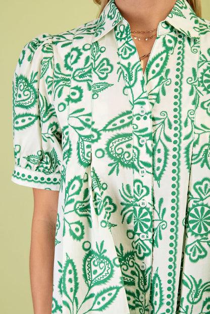 GREEN PRINTED SHORT PUFF SLEEVE BUTTON UP BLOUSE
