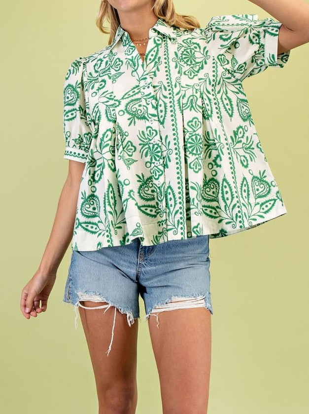 GREEN PRINTED SHORT PUFF SLEEVE BUTTON UP BLOUSE