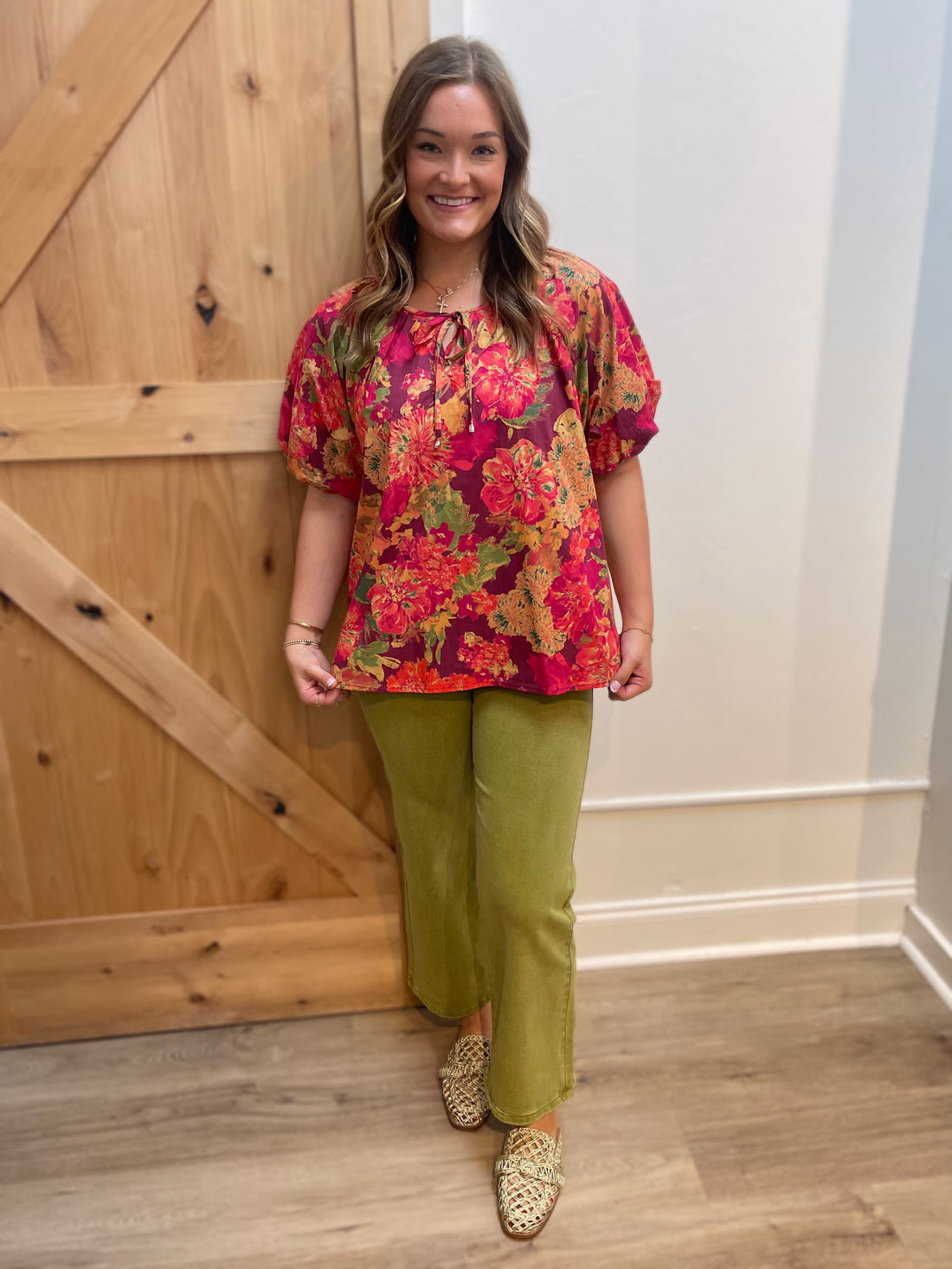 WINE FLORAL PRINT BUBBLE SLEEVE TOP