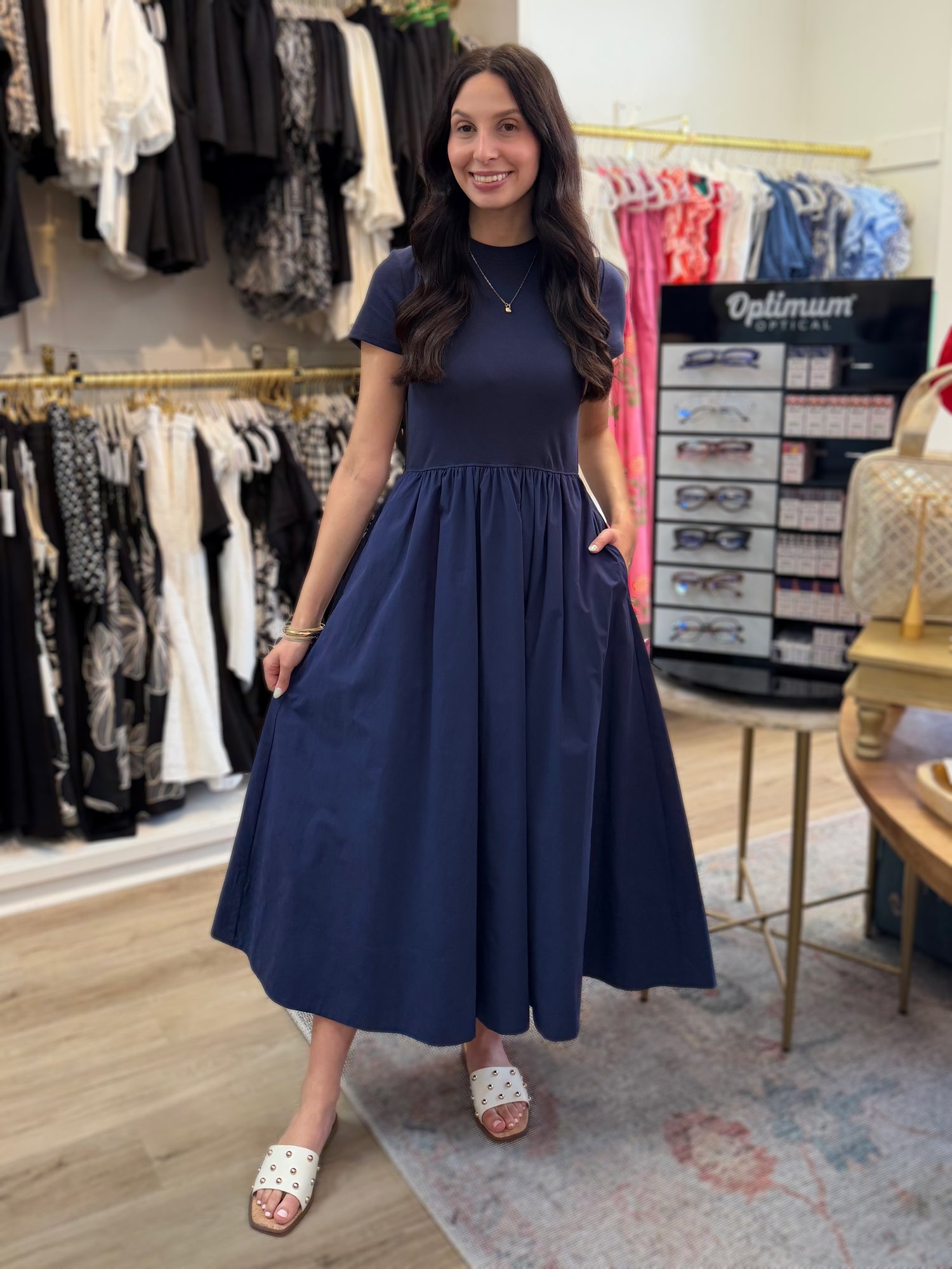 NAVY COTTON SHORT SLEEVE MIXED MEDIA ARIA MIDI DRESS