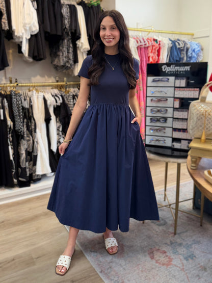 NAVY COTTON SHORT SLEEVE MIXED MEDIA ARIA MIDI DRESS