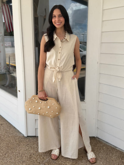 OATMEAL LINEN SLEEVELESS BUTTON UP TOP &amp; PANT SET
