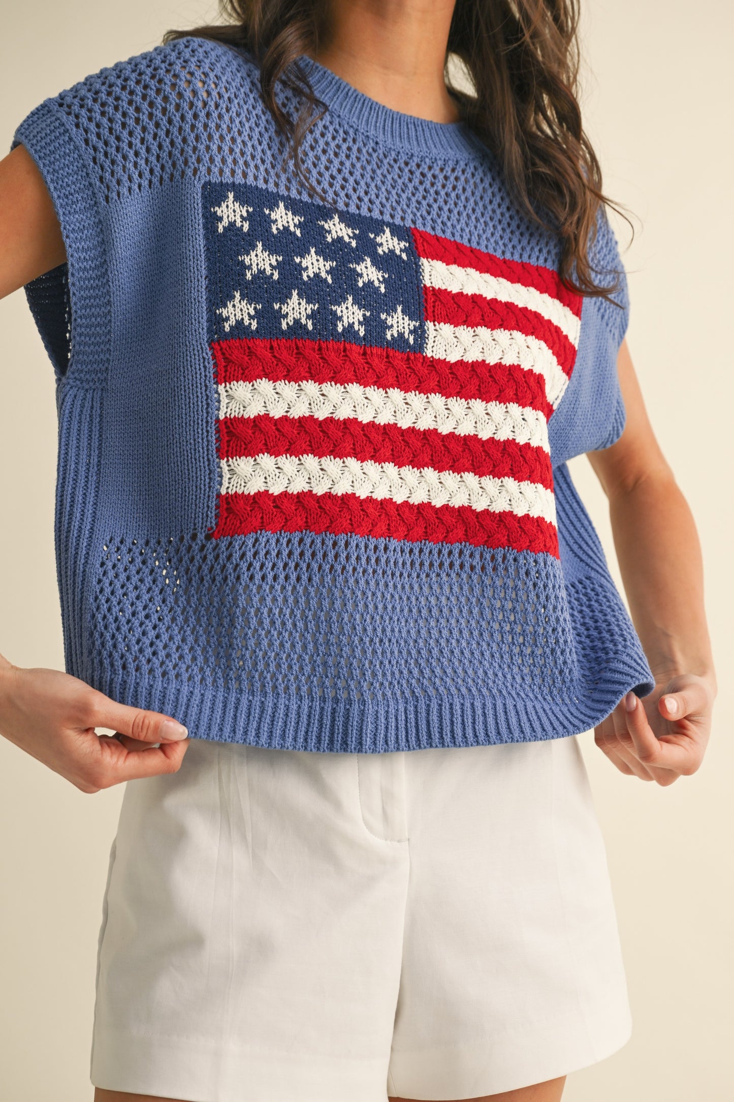 BLUE AMERICAN FLAG OPEN STITCH SWEATER TOP