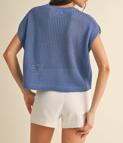 BLUE AMERICAN FLAG OPEN STITCH SWEATER TOP