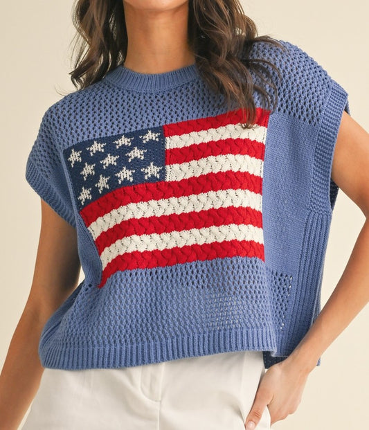 BLUE AMERICAN FLAG OPEN STITCH SWEATER TOP