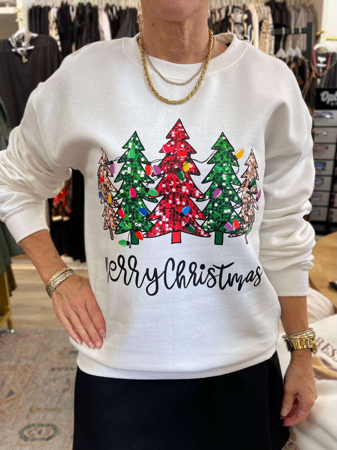 WHITE &quot;MERRY CHRISTMAS&quot; WITH SPARKLING TREES SWEATSHIRT