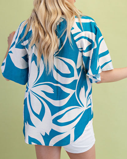 TURQUOISE MIX TROPICAL PRINT VNECK TOP
