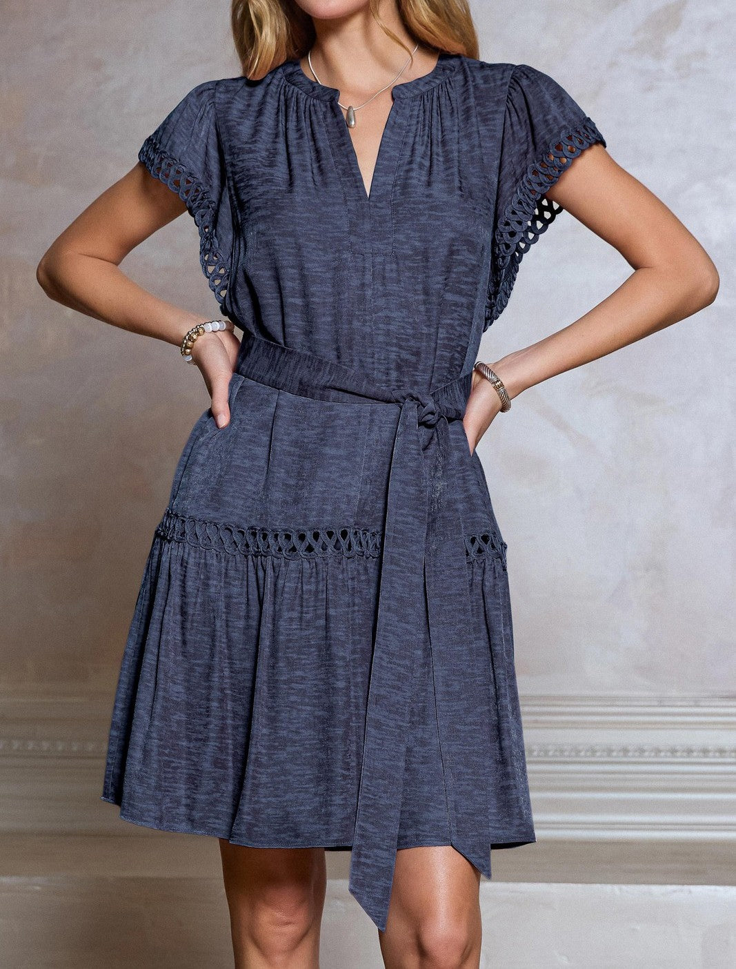 NAVY MELANGE CROCHET TRIM MINI DRESS
