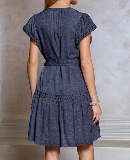 NAVY MELANGE CROCHET TRIM MINI DRESS