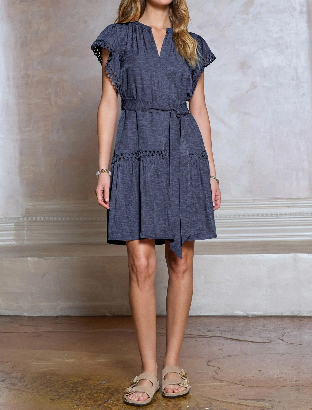 NAVY MELANGE CROCHET TRIM MINI DRESS