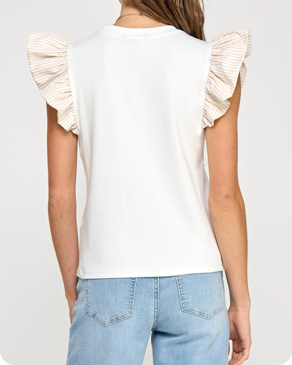 WHITE/TAUPE CONTRAST STRIPE BUBBLE RUFFLE KNIT TOP