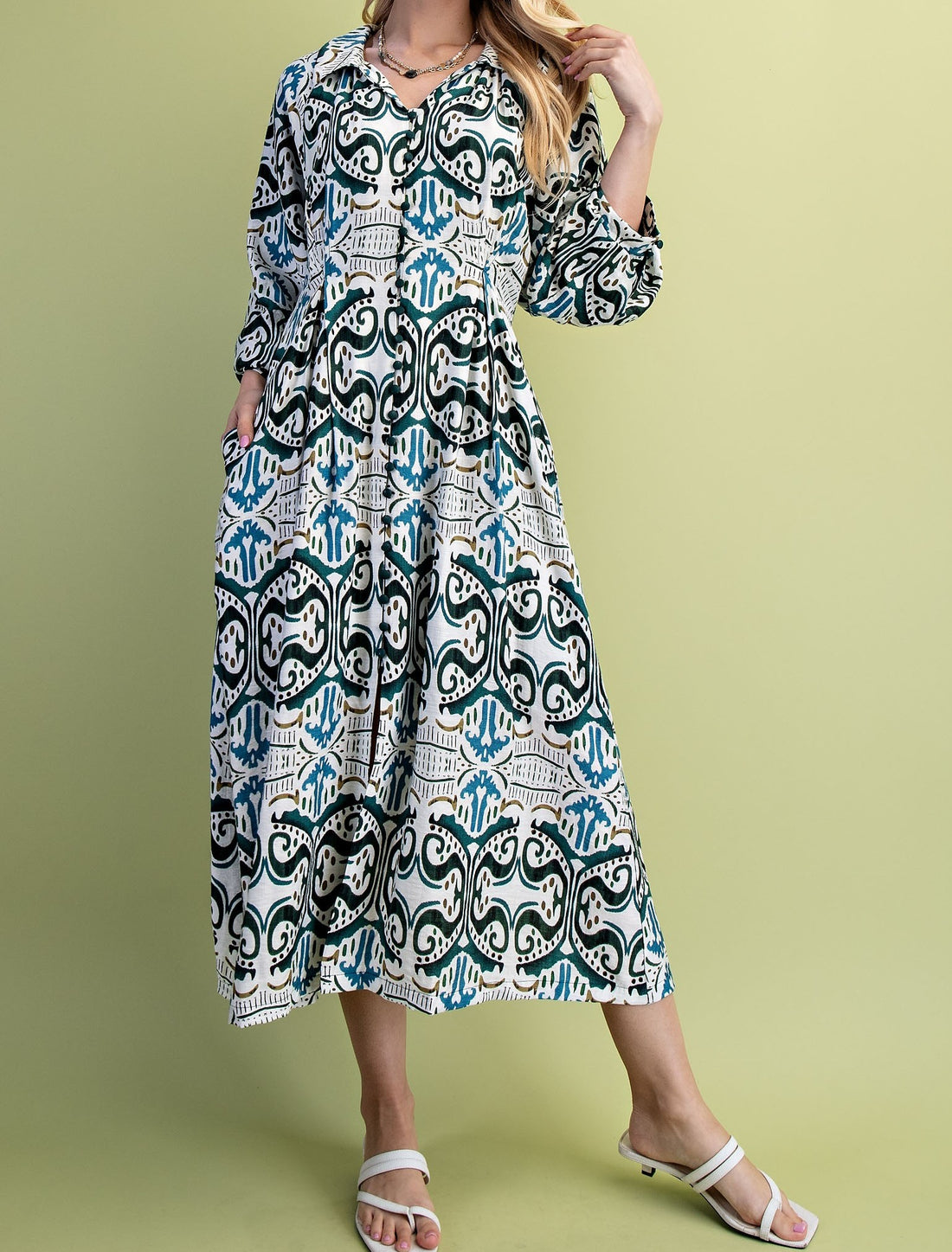 TEAL MIX PRINTED PLEATED WAIST WITH LONG BALLOON SLEEVE SHIRT DRESS