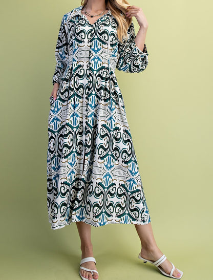 TEAL MIX PRINTED PLEATED WAIST WITH LONG BALLOON SLEEVE SHIRT DRESS