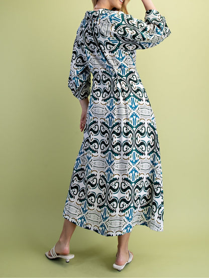TEAL MIX PRINTED PLEATED WAIST WITH LONG BALLOON SLEEVE SHIRT DRESS