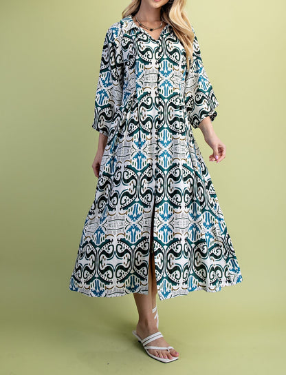 TEAL MIX PRINTED PLEATED WAIST WITH LONG BALLOON SLEEVE SHIRT DRESS