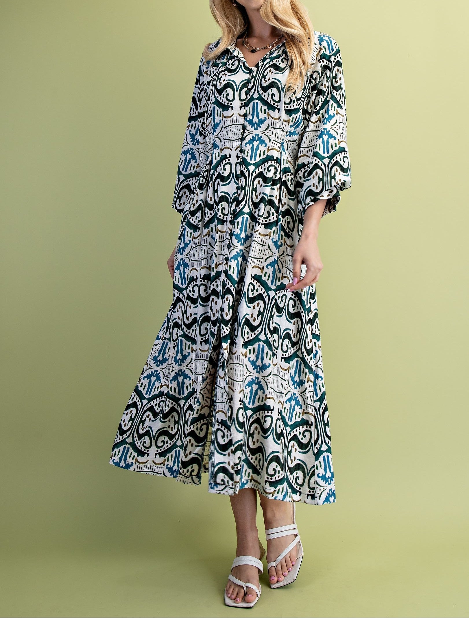 TEAL MIX PRINTED PLEATED WAIST WITH LONG BALLOON SLEEVE SHIRT DRESS