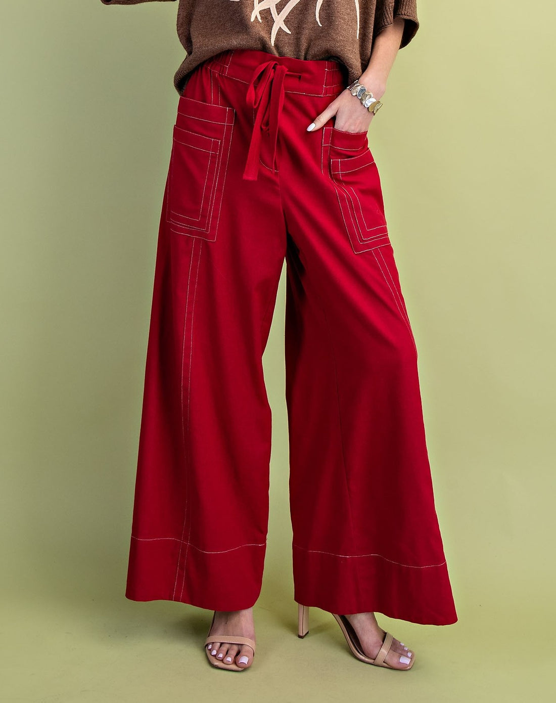 RED LINEN CONTRAST STITCHING WIDE LEG PANTS