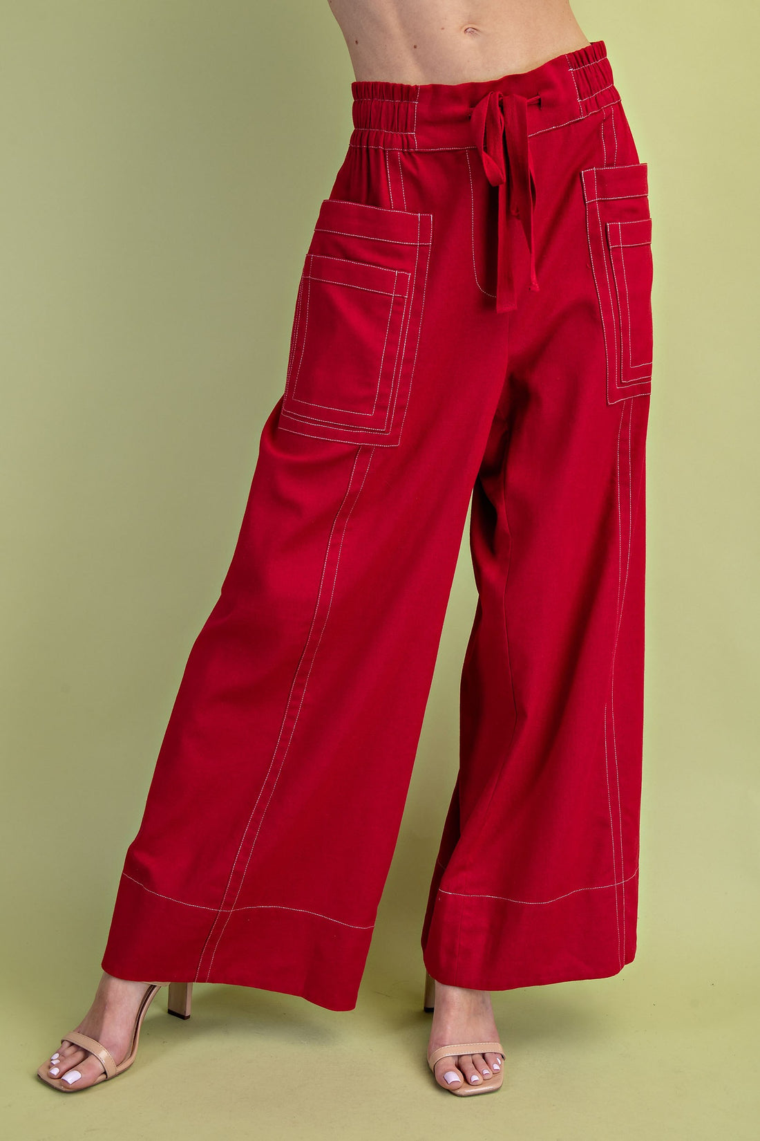 RED LINEN CONTRAST STITCHING WIDE LEG PANTS