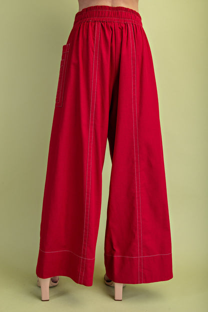 RED LINEN CONTRAST STITCHING WIDE LEG PANTS