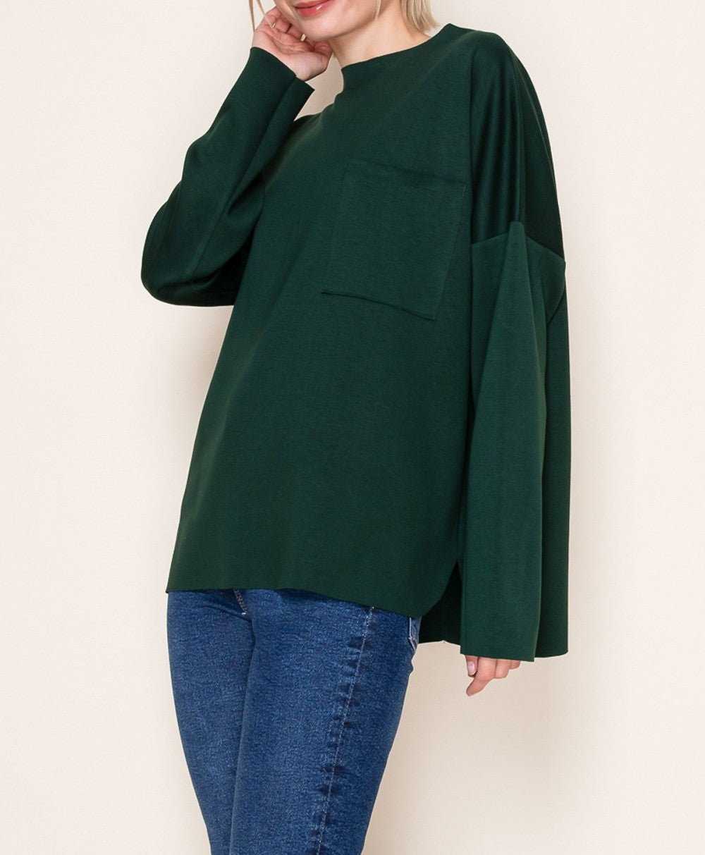 HUNTER GREEN SOLID KNIT FRONT PATCH POCKET LONG SLEEVE TOP