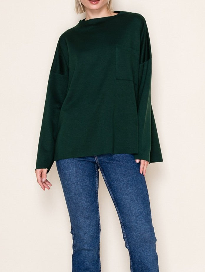 HUNTER GREEN SOLID KNIT FRONT PATCH POCKET LONG SLEEVE TOP