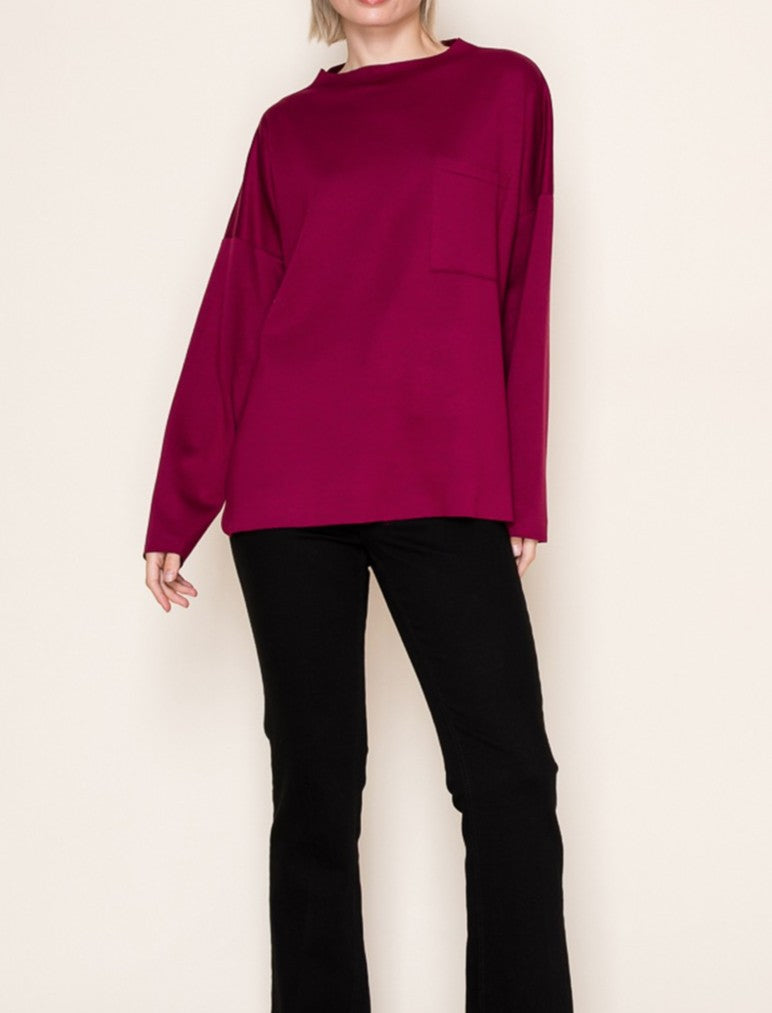 WINE SOLID KNIT FRONT PATCH POCKET LONG SLEEVE TOP