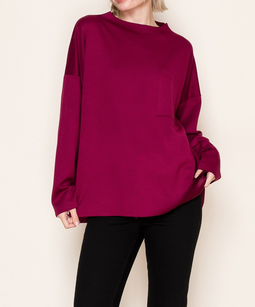 WINE SOLID KNIT FRONT PATCH POCKET LONG SLEEVE TOP