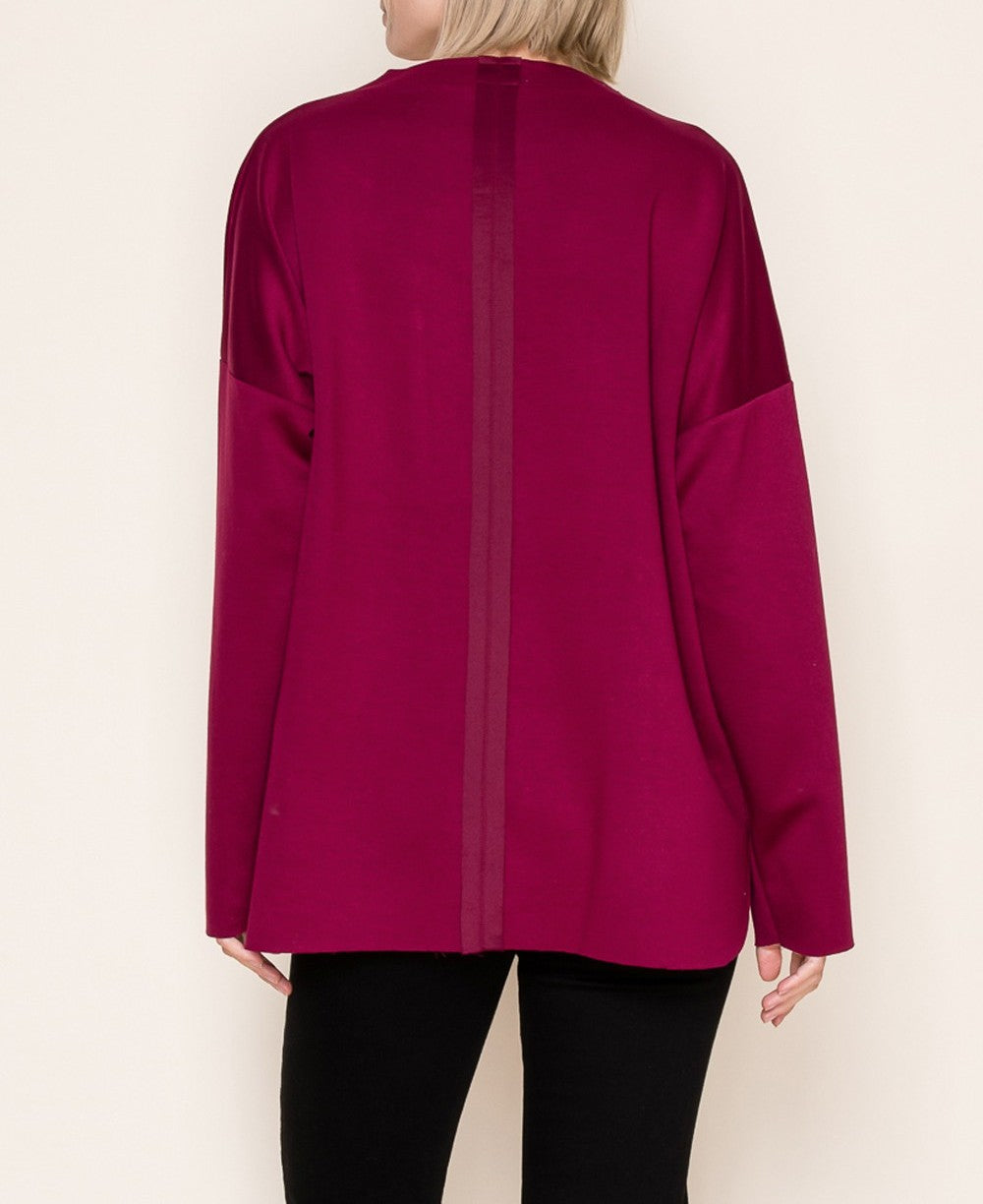 WINE SOLID KNIT FRONT PATCH POCKET LONG SLEEVE TOP