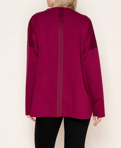 WINE SOLID KNIT FRONT PATCH POCKET LONG SLEEVE TOP