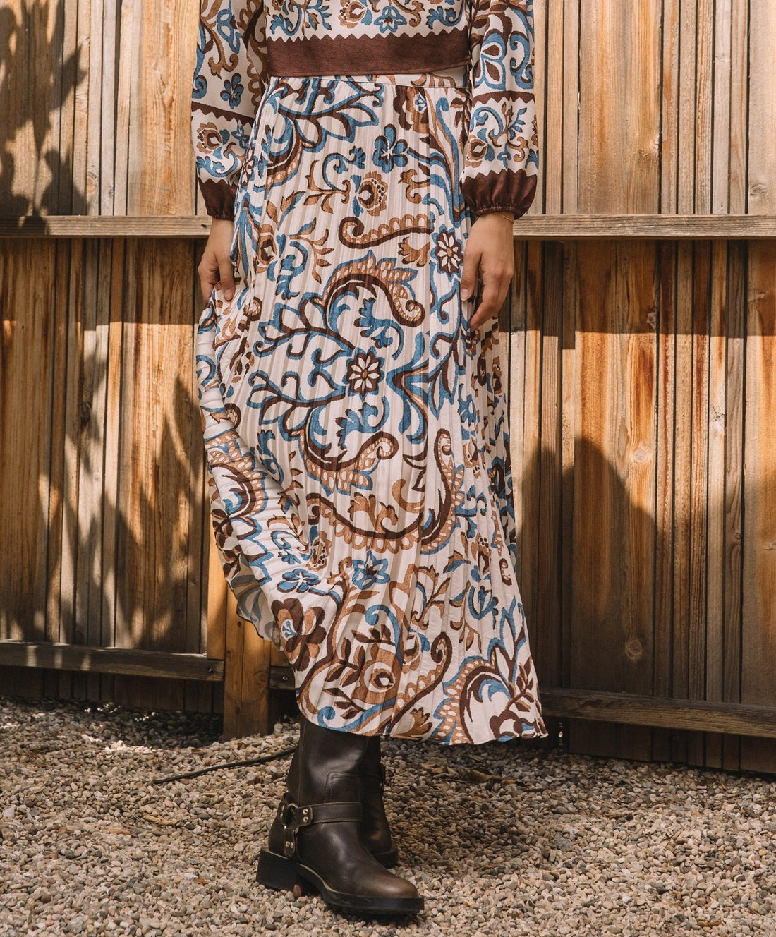 IVORY/BROWN/BLUE BOHO PRINT PLEATED MIDI SKIRT