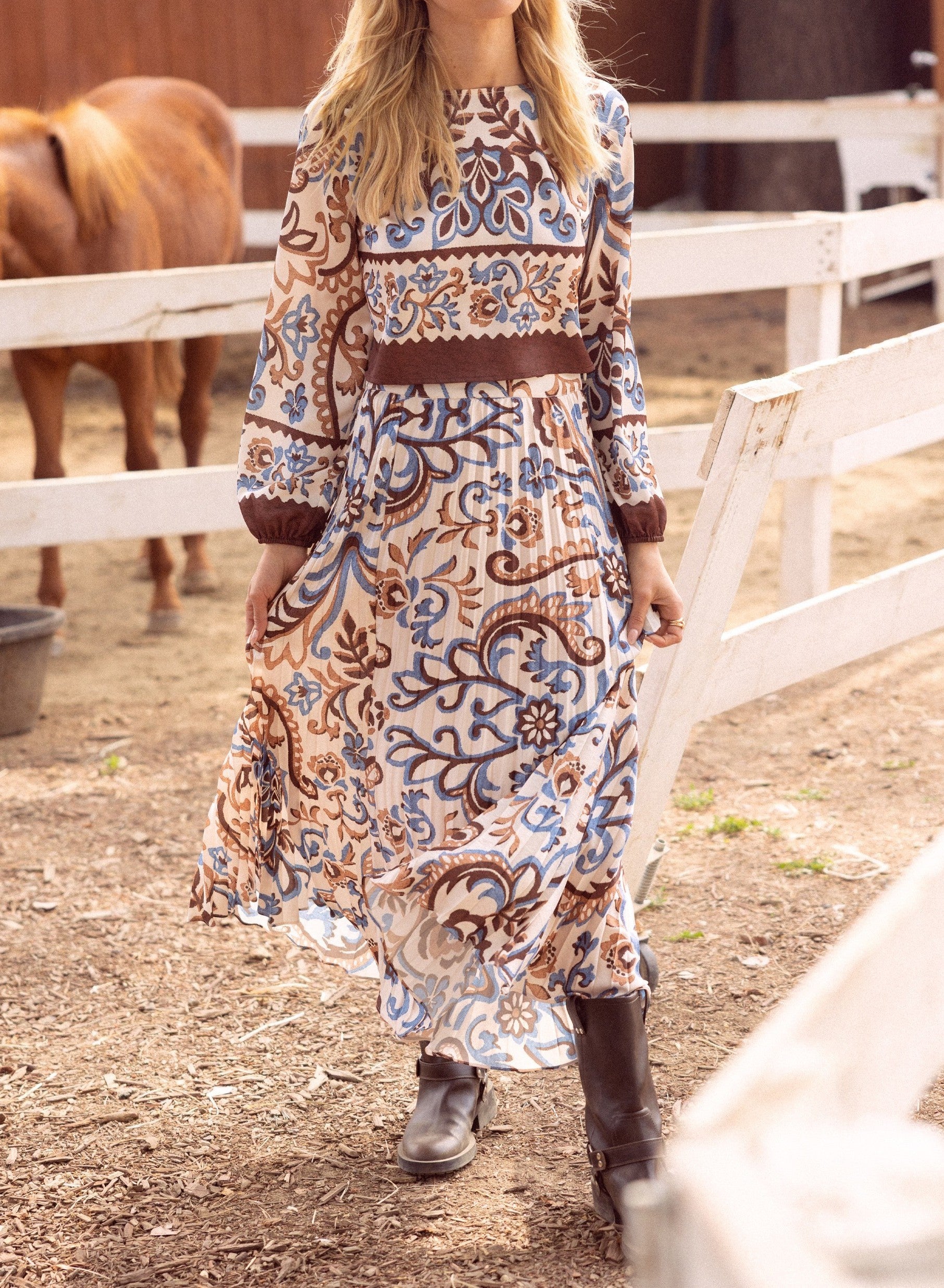 IVORY/BROWN/BLUE BORDER BOHO PRINT BLOUSE