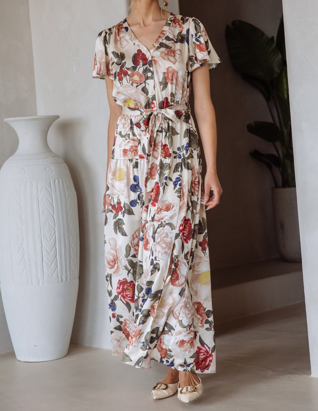 IVORY MULTI COLOR FLORAL PRINT BUTTON FRONT TIERED MAXI DRESS