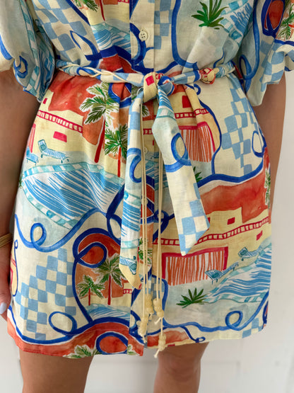 BLUE MULTI VACATION PRINT SHORT PUFF SLEEVE BUTTON UP MINI DRESS