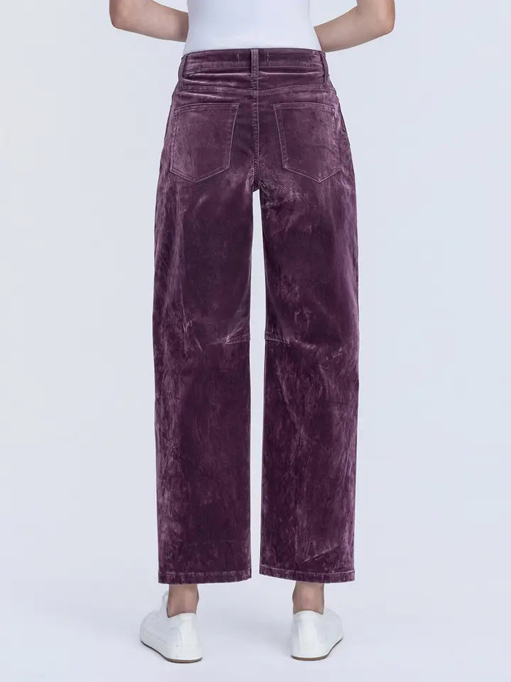 PURPLE FLOCKED HIGH RISE BARREL LEG JEANS