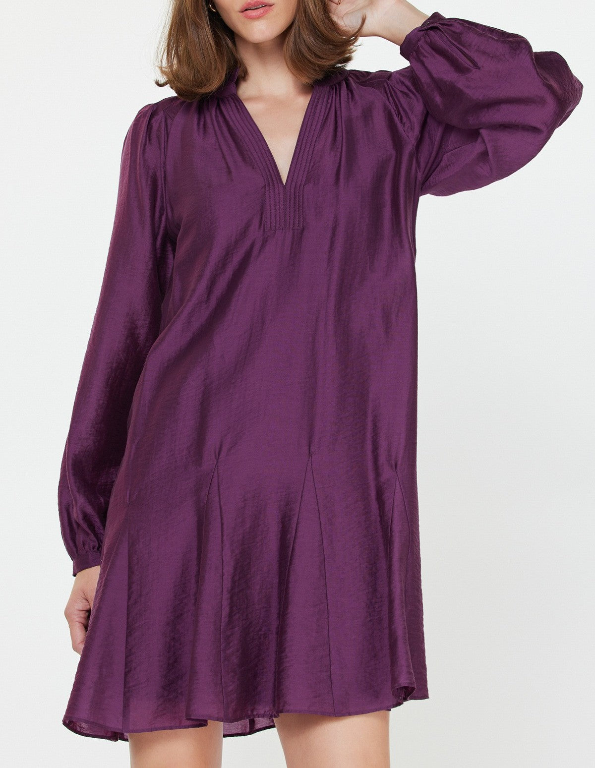 BOYSENBERRY GODET DETAIL LONG SLEEVE MINI DRESS